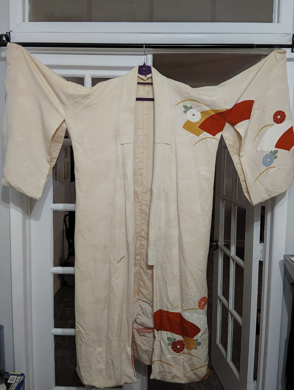Authentic Japanese Cream Kimono with Orange & Gold Floral Accents 👘 - Picture 3 of 6